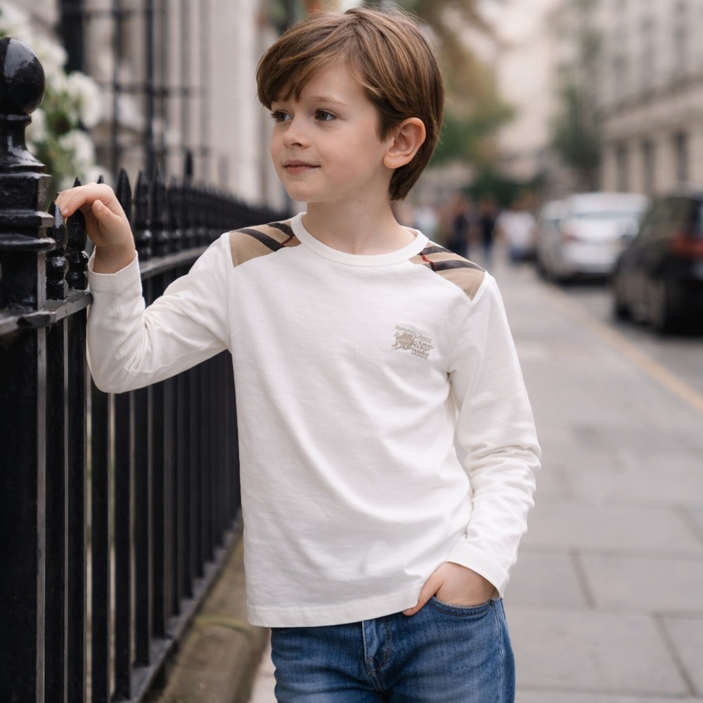 Burberry Kids White Long Sleeve Nova Check Shoulder Tee 10Y / 140 Unisex
